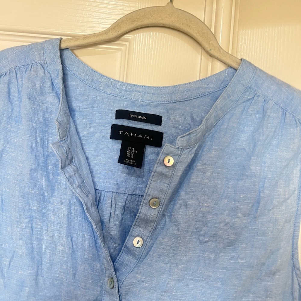 Tahari  Power Blue Linen Sleeveless Shirt Top Blouse Beach Coastal resort sz M - Picture 4 of 11